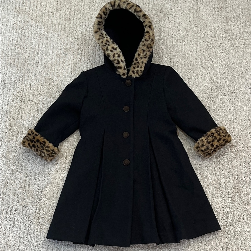 Stephanie Mathews Kids Girls Black Wool Hooded Faux Fur Dress Coat Size 4T